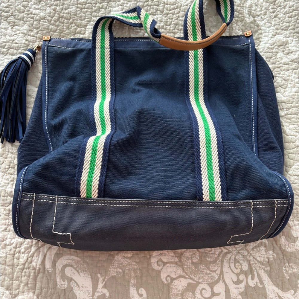 Tori Burch Canvas Tote Navy Blue Tote Bag with Green and White Straps - Picture 3 of 4